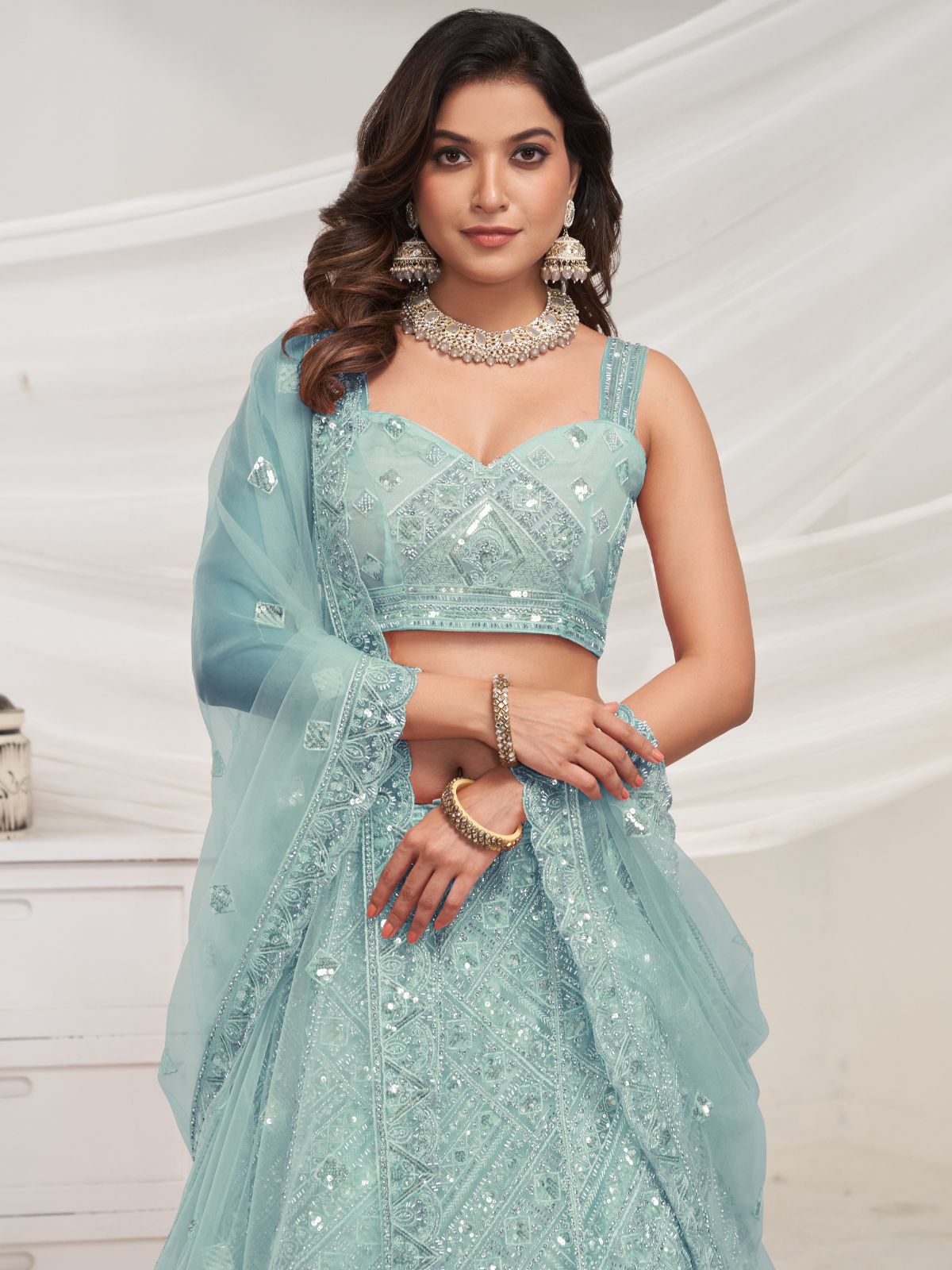 Odette Sky Blue Soft Net Embroidered Semi Stitched Lehenga With Unstitched Blouse For Women