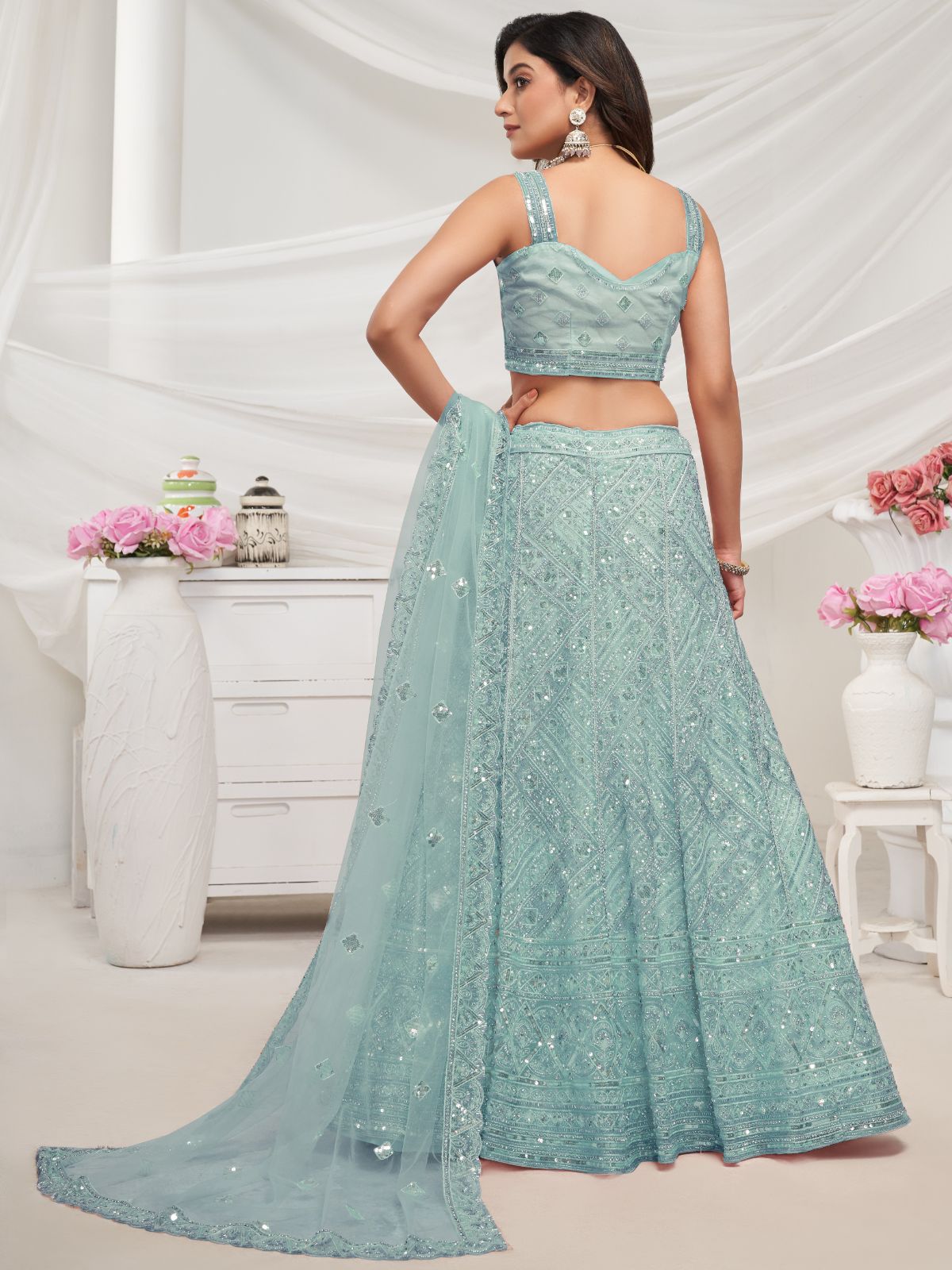 Odette Sky Blue Soft Net Embroidered Semi Stitched Lehenga With Unstitched Blouse For Women