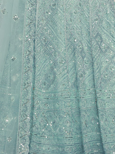 Odette Sky Blue Soft Net Embroidered Semi Stitched Lehenga With Unstitched Blouse For Women