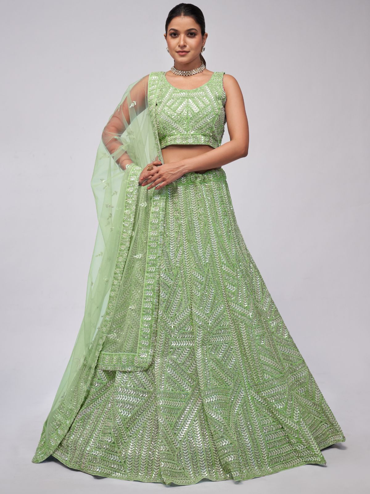 Odette Green Soft Net Embroidered Semi Stitched Lehenga With Unstitched Blouse For Women