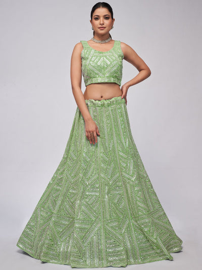 Odette Green Soft Net Embroidered Semi Stitched Lehenga With Unstitched Blouse For Women