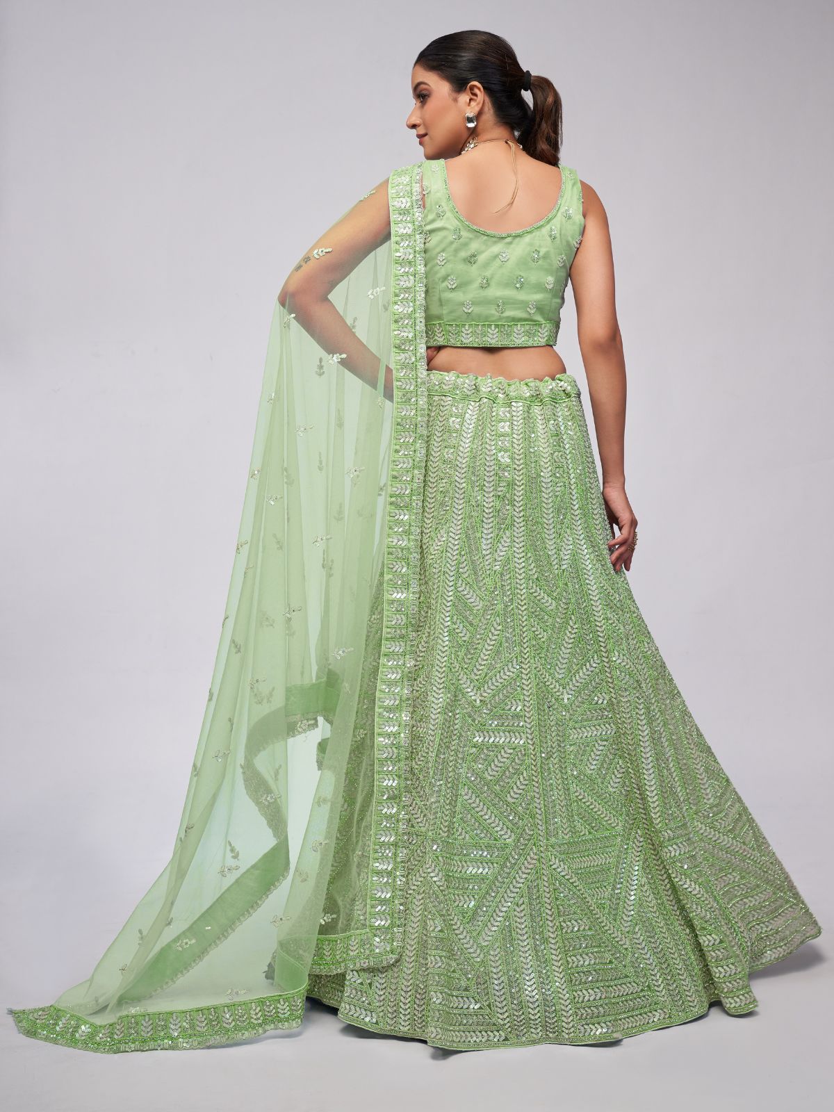 Odette Green Soft Net Embroidered Semi Stitched Lehenga With Unstitched Blouse For Women