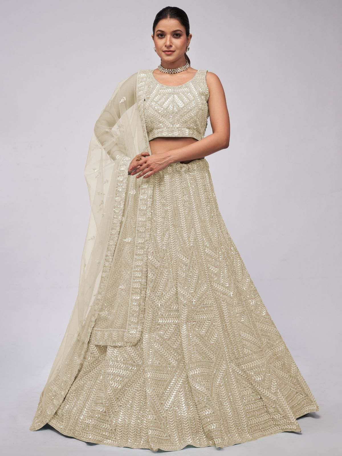 Odette White Soft Net Embroidered Semi Stitched Lehenga With Unstitched Blouse For Women