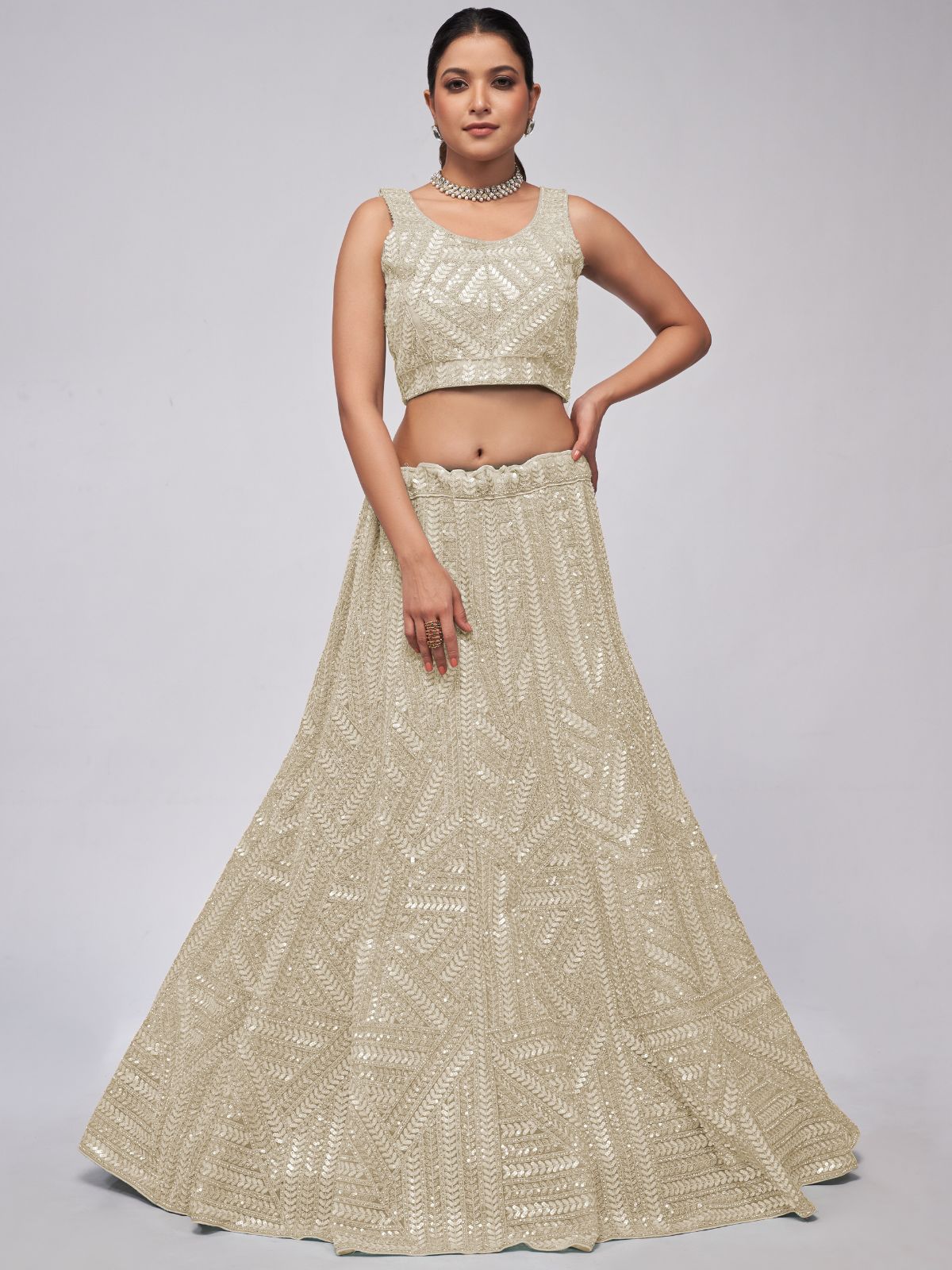 Odette White Soft Net Embroidered Semi Stitched Lehenga With Unstitched Blouse For Women