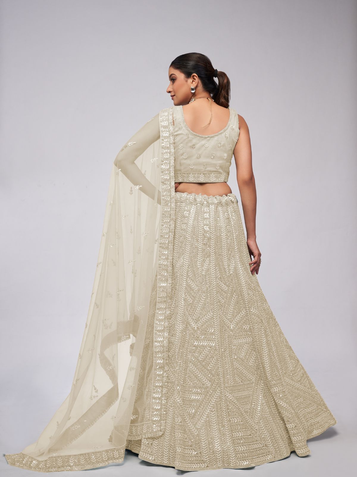 Odette White Soft Net Embroidered Semi Stitched Lehenga With Unstitched Blouse For Women