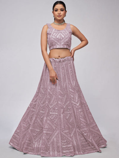 Odette Mauve Soft Net Embroidered Semi Stitched Lehenga With Unstitched Blouse For Women