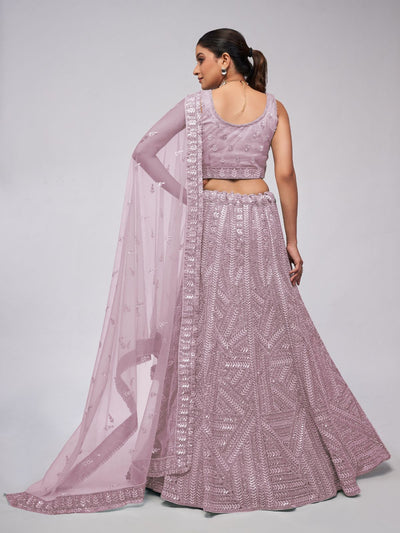 Odette Mauve Soft Net Embroidered Semi Stitched Lehenga With Unstitched Blouse For Women