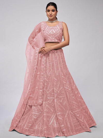 Odette Peach Soft Net Embroidered Semi Stitched Lehenga With Unstitched Blouse For Women