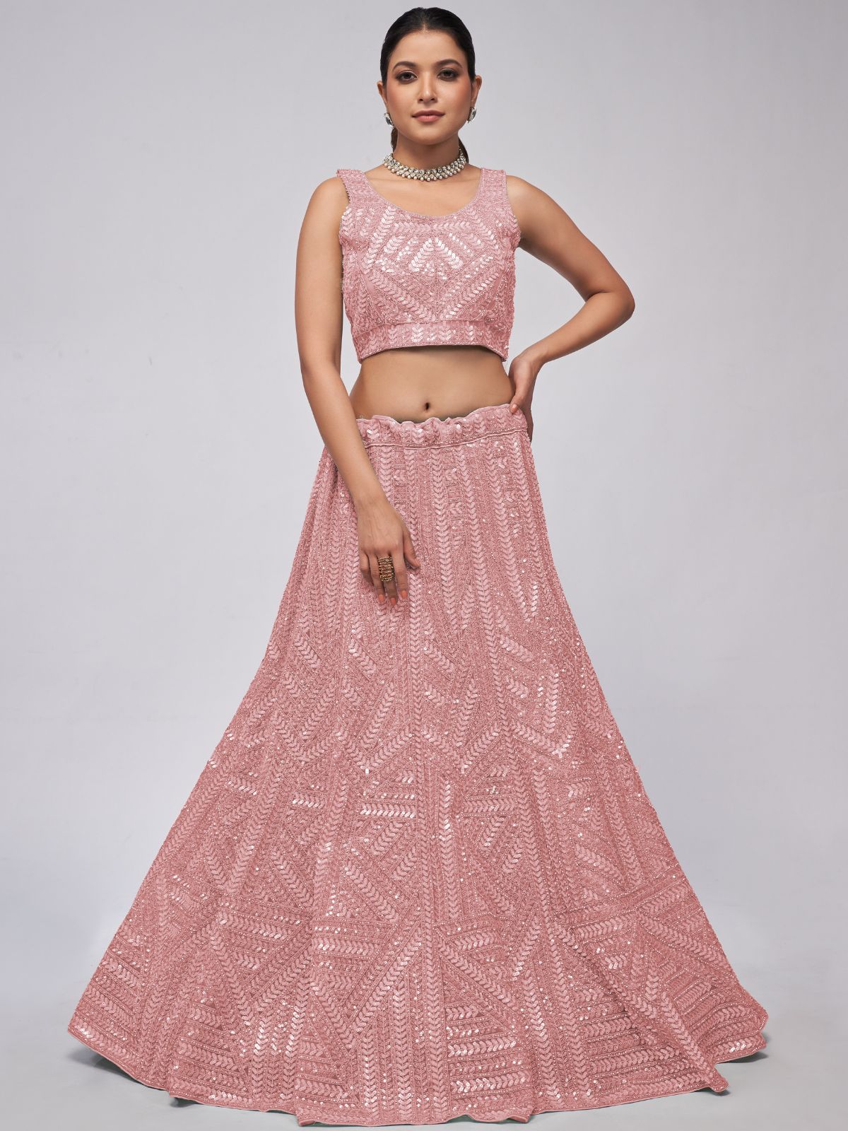 Odette Peach Soft Net Embroidered Semi Stitched Lehenga With Unstitched Blouse For Women