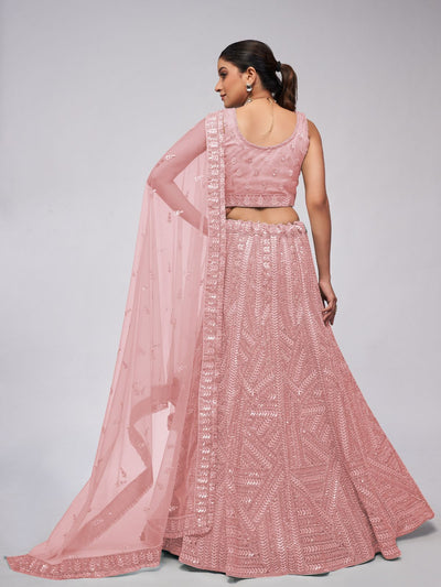 Odette Peach Soft Net Embroidered Semi Stitched Lehenga With Unstitched Blouse For Women