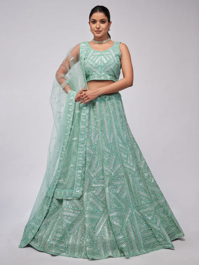 Odette Sky Blue Soft Net Embroidered Semi Stitched Lehenga With Unstitched Blouse For Women