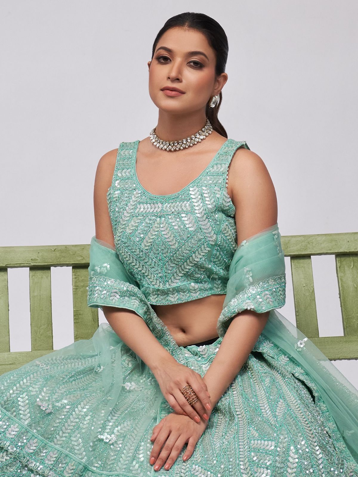 Odette Sky Blue Soft Net Embroidered Semi Stitched Lehenga With Unstitched Blouse For Women