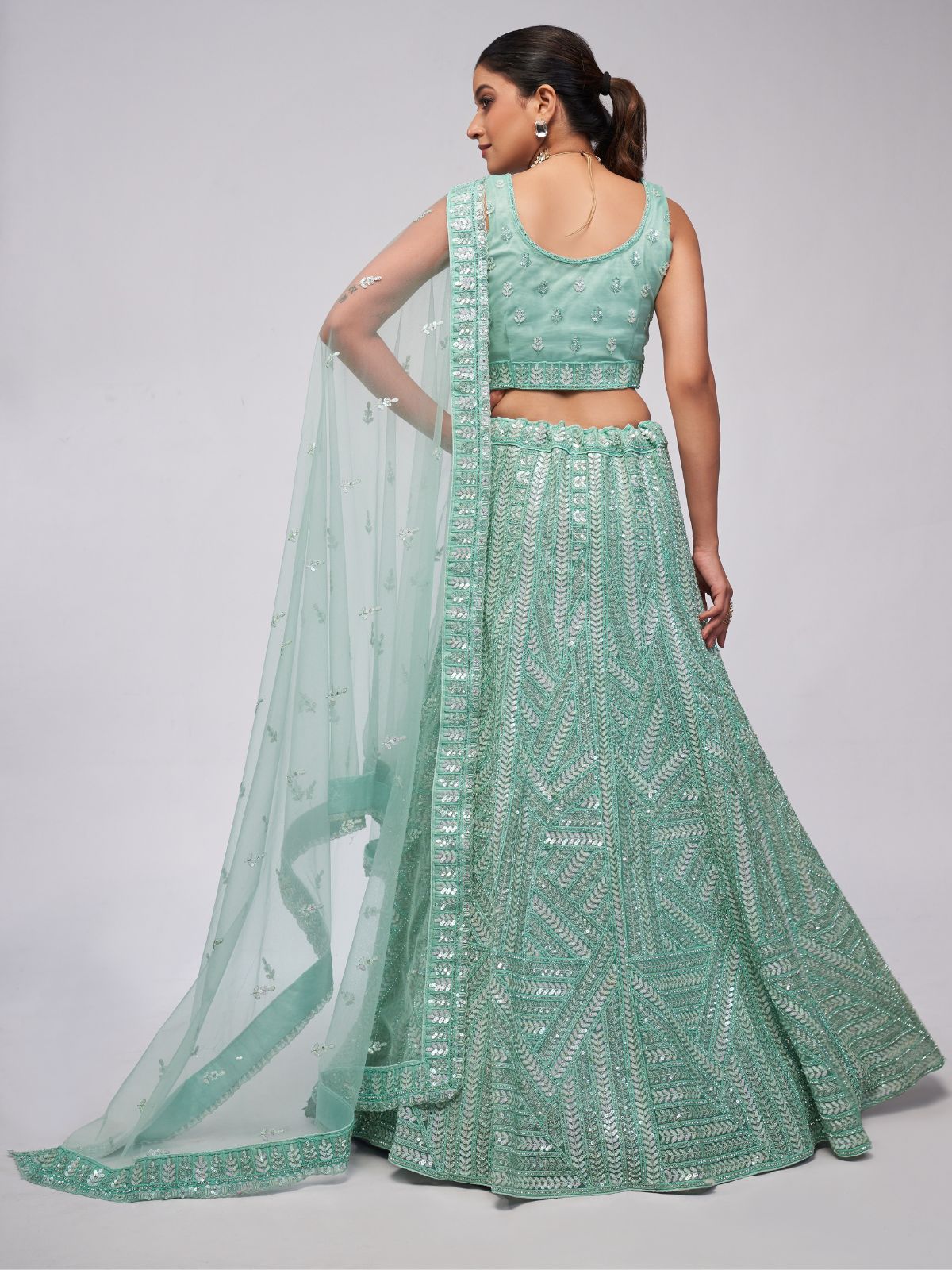 Odette Sky Blue Soft Net Embroidered Semi Stitched Lehenga With Unstitched Blouse For Women