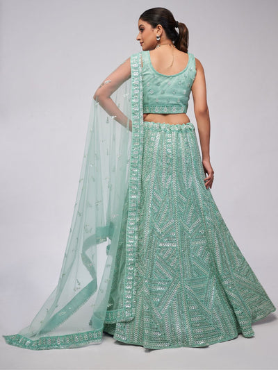 Odette Sky Blue Soft Net Embroidered Semi Stitched Lehenga With Unstitched Blouse For Women