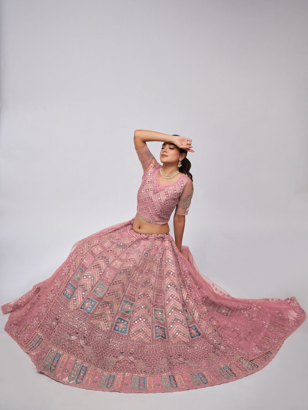 Odette Mauve Soft Net Embroidered Semi Stitched Lehenga With Unstitched Blouse For Women