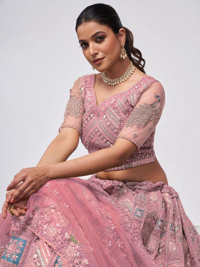 Odette Mauve Soft Net Embroidered Semi Stitched Lehenga With Unstitched Blouse For Women