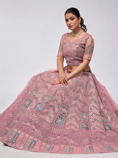 Odette Mauve Soft Net Embroidered Semi Stitched Lehenga With Unstitched Blouse For Women