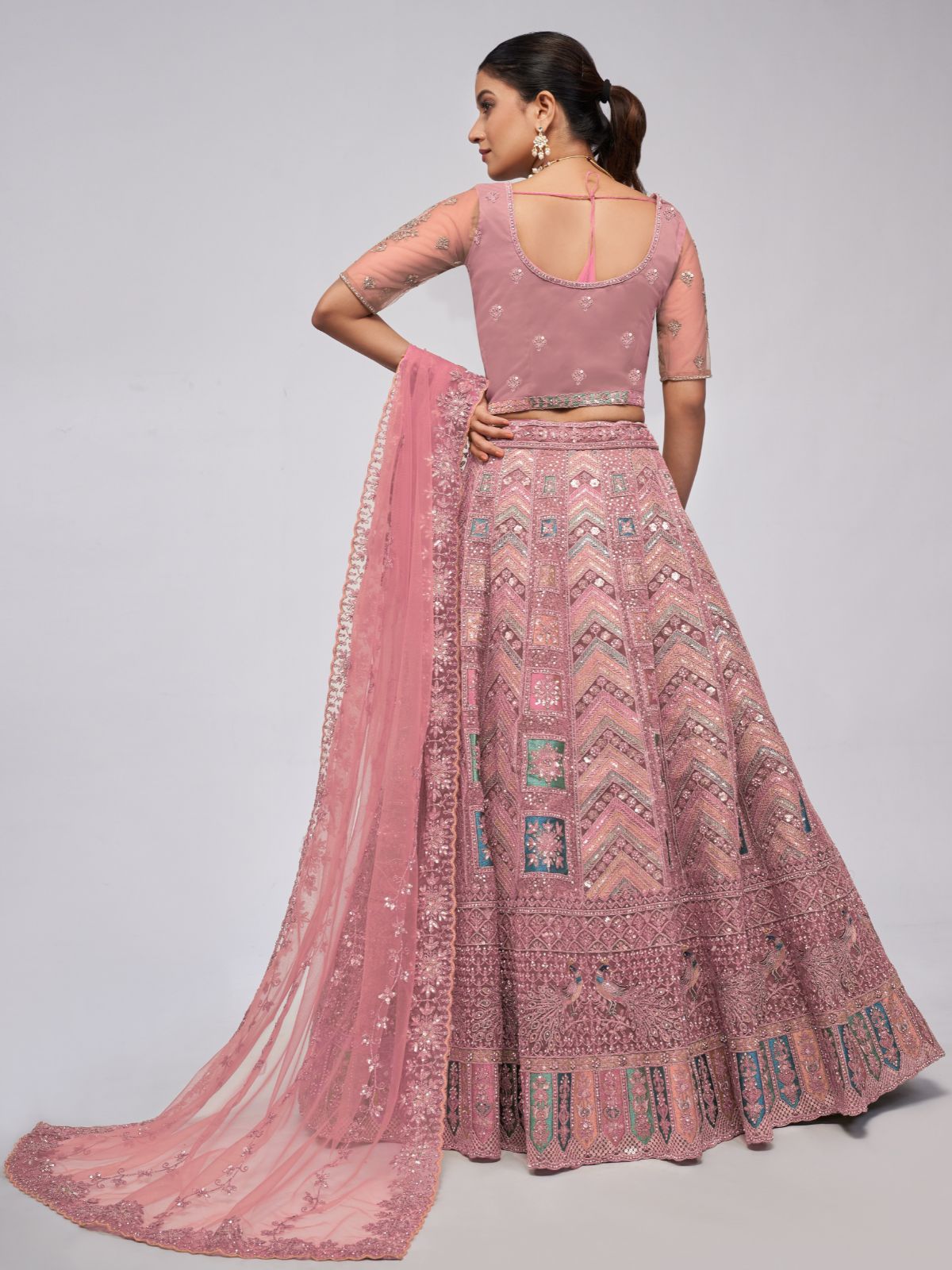 Odette Mauve Soft Net Embroidered Semi Stitched Lehenga With Unstitched Blouse For Women