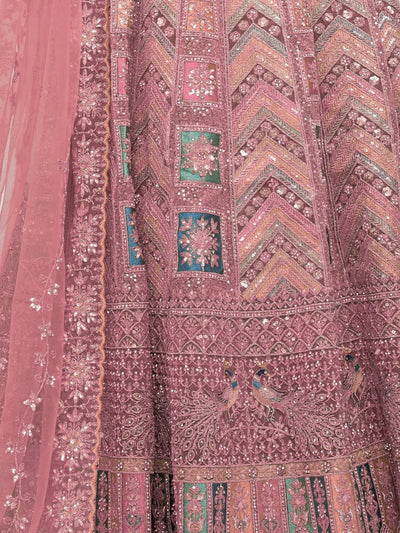 Odette Mauve Soft Net Embroidered Semi Stitched Lehenga With Unstitched Blouse For Women