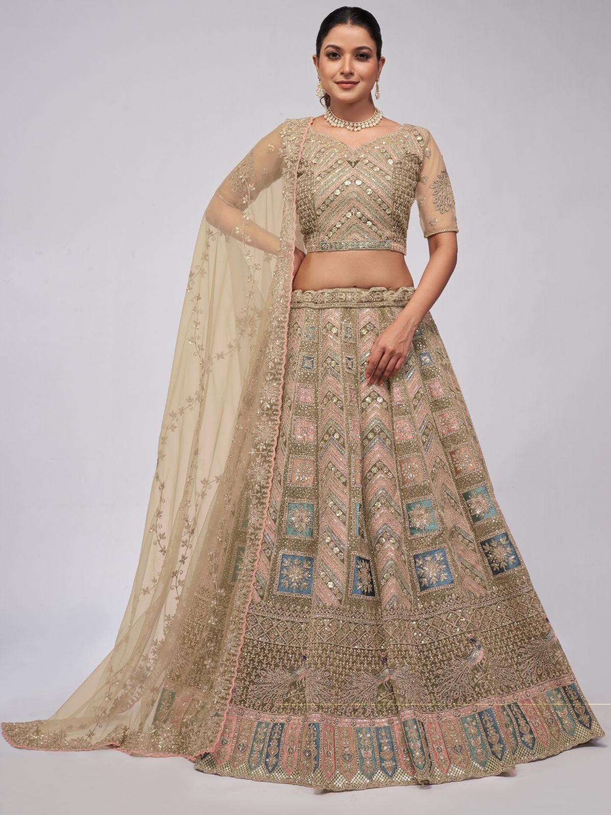 Odette Golden Soft Net Embroidered Semi Stitched Lehenga With Unstitched Blouse For Women