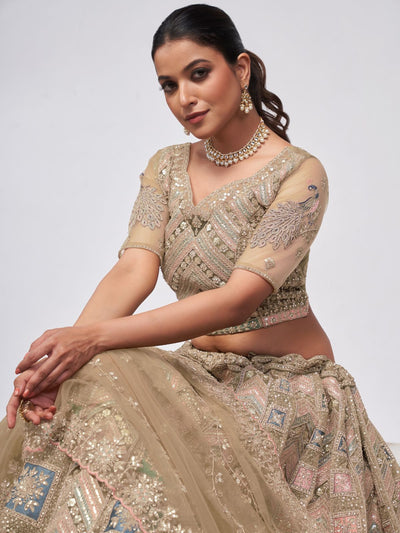 Odette Golden Soft Net Embroidered Semi Stitched Lehenga With Unstitched Blouse For Women