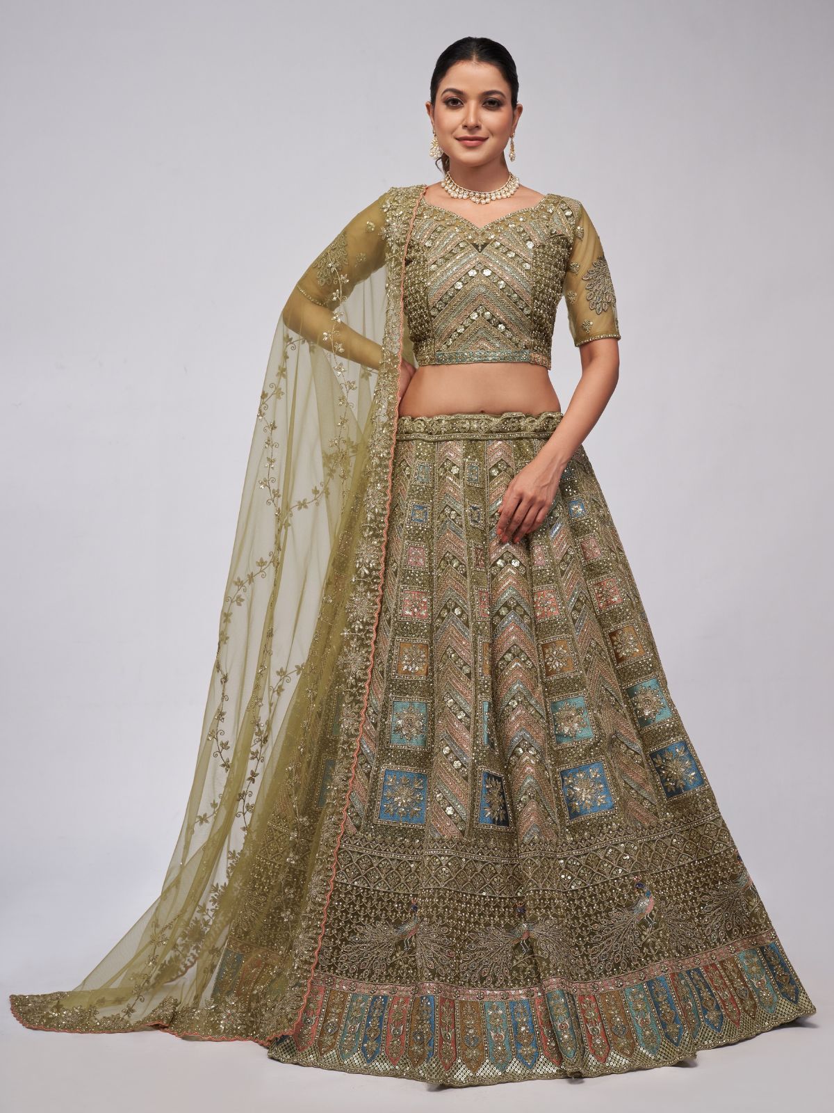 Odette Olive Green Soft Net Embroidered Semi Stitched Lehenga With Unstitched Blouse For Women