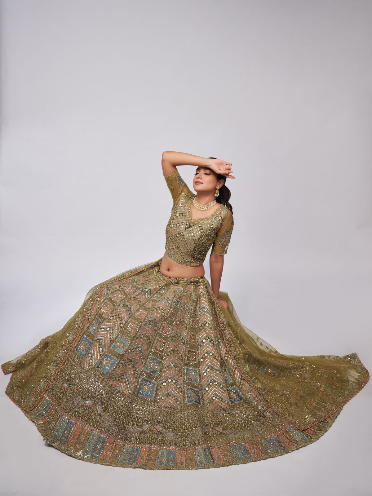 Odette Olive Green Soft Net Embroidered Semi Stitched Lehenga With Unstitched Blouse For Women