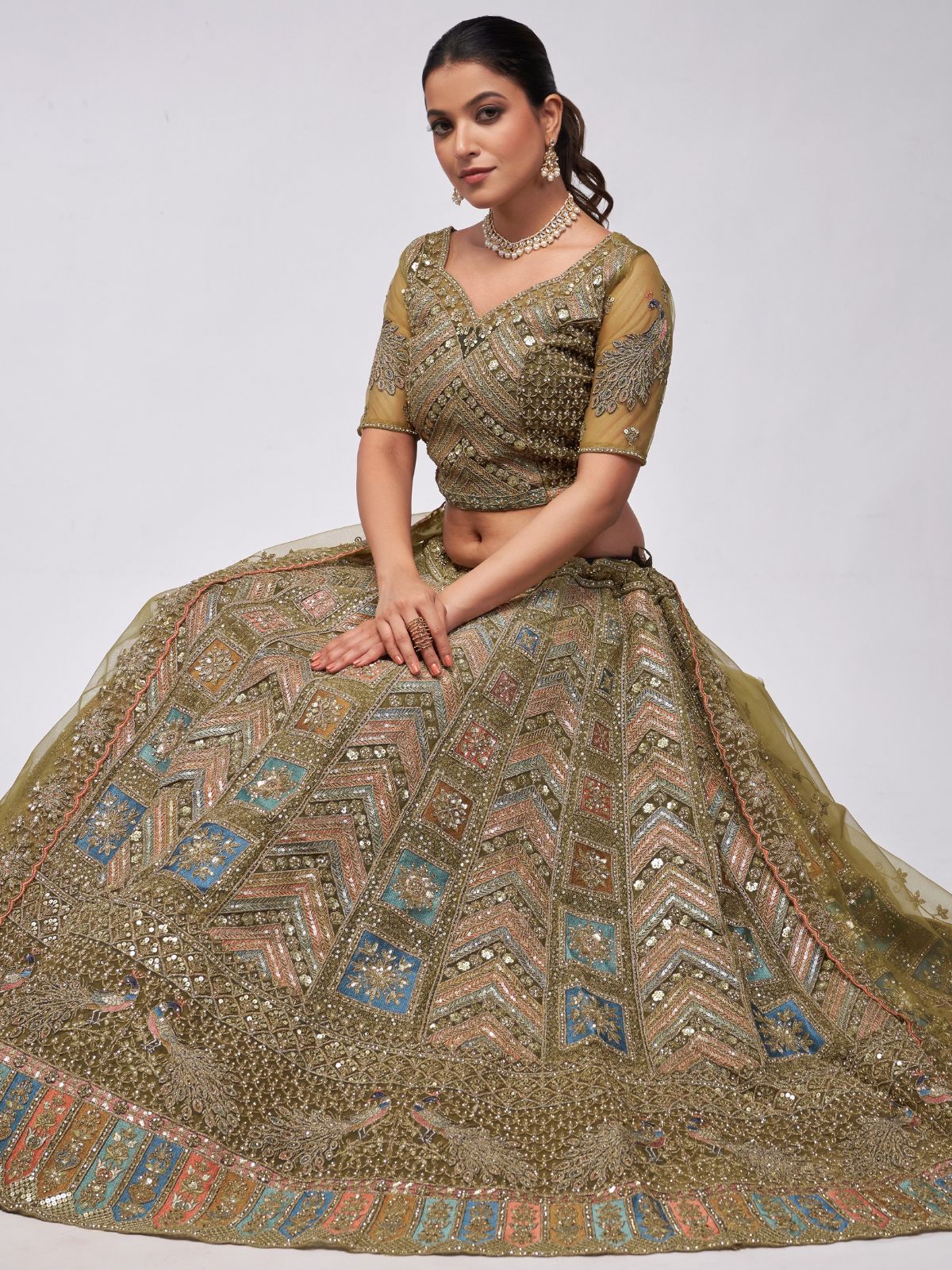 Odette Olive Green Soft Net Embroidered Semi Stitched Lehenga With Unstitched Blouse For Women