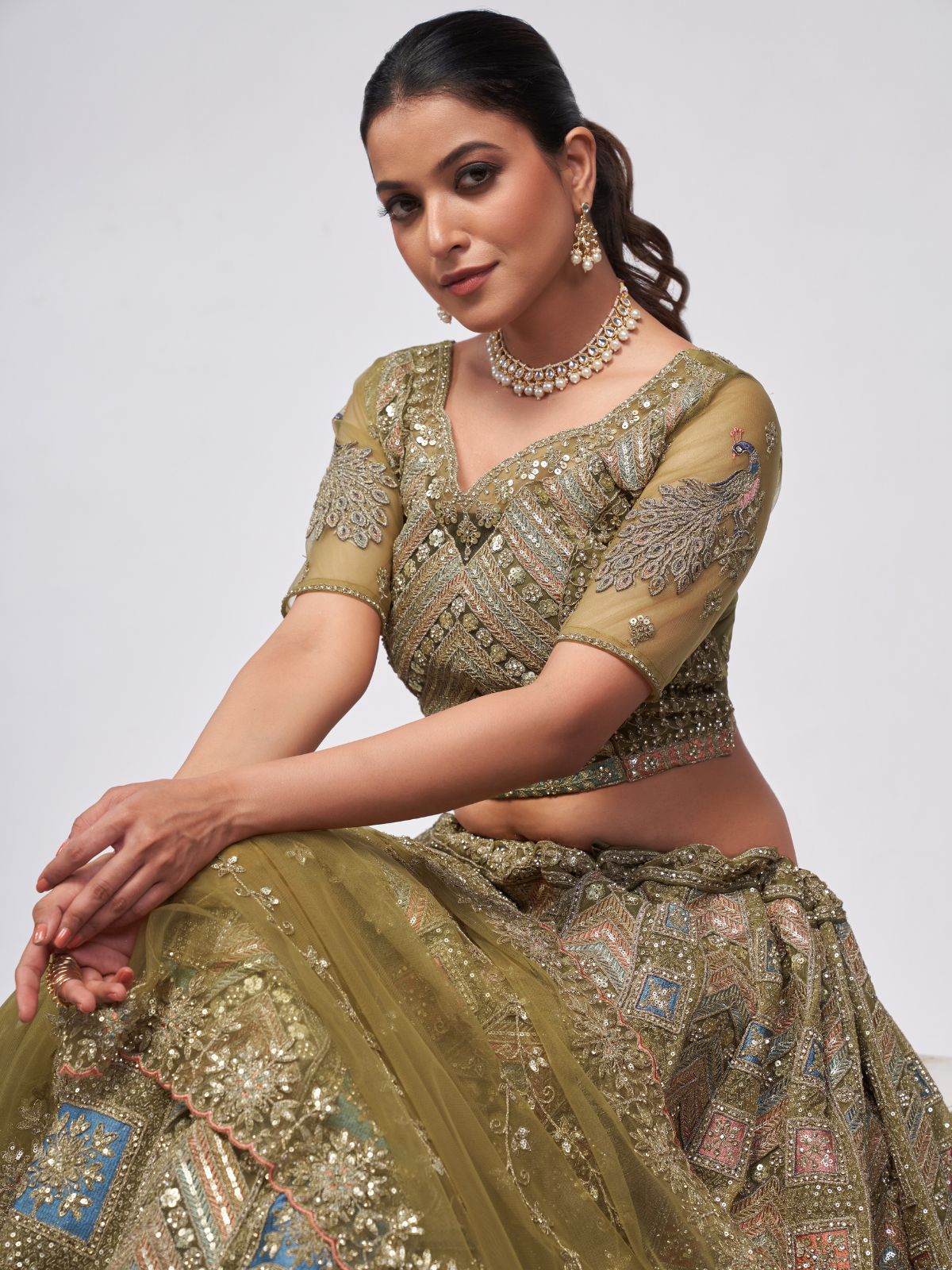 Odette Olive Green Soft Net Embroidered Semi Stitched Lehenga With Unstitched Blouse For Women