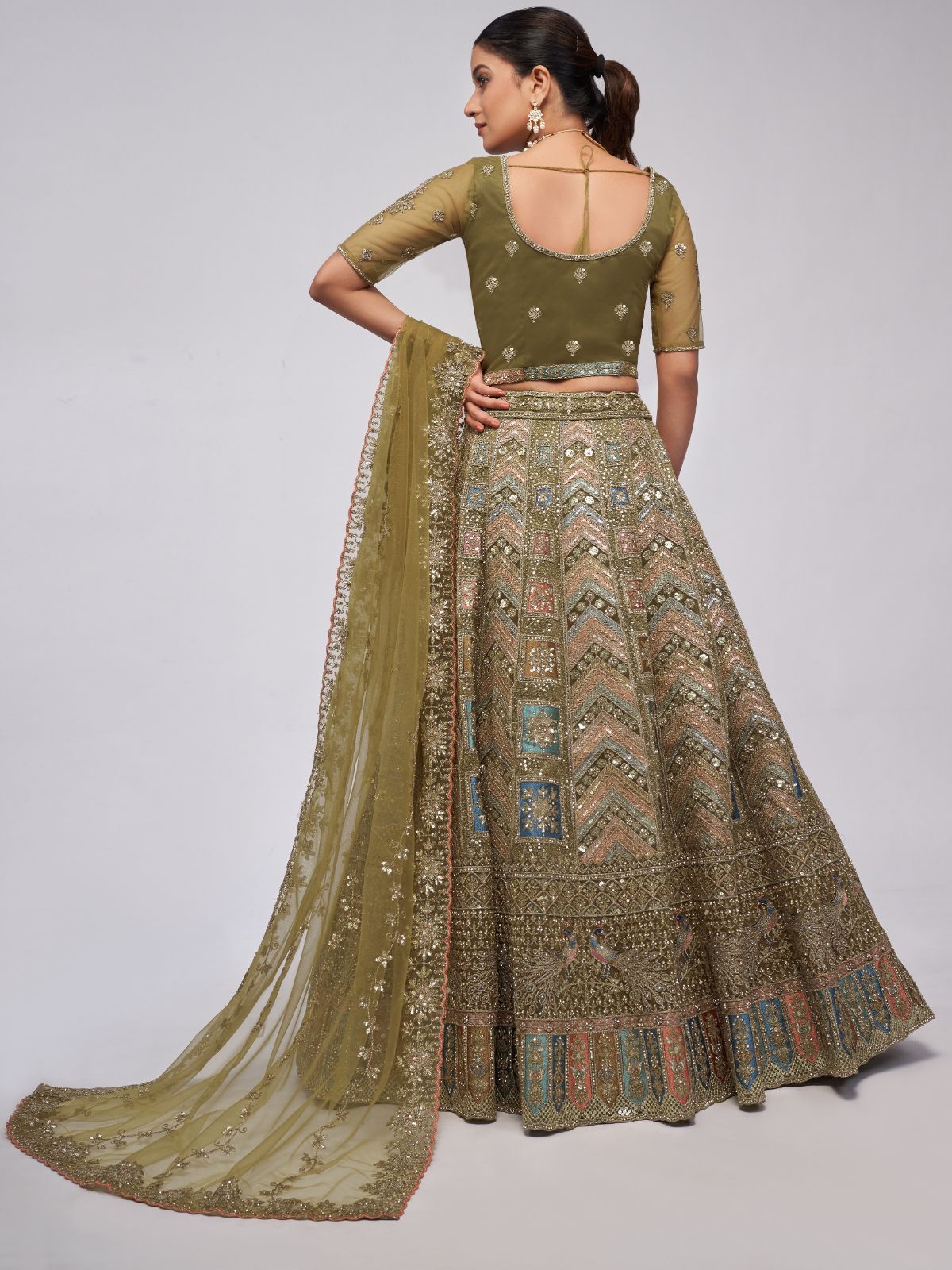 Odette Olive Green Soft Net Embroidered Semi Stitched Lehenga With Unstitched Blouse For Women