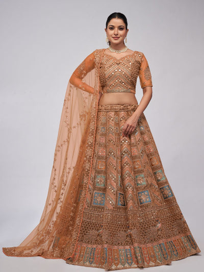 Odette Rust Color Soft Net Embroidered Semi Stitched Lehenga With Unstitched Blouse For Women