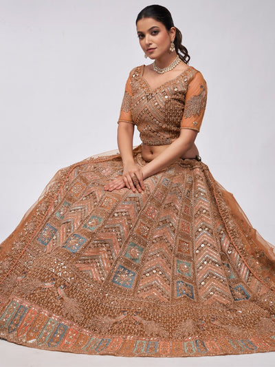 Odette Rust Color Soft Net Embroidered Semi Stitched Lehenga With Unstitched Blouse For Women