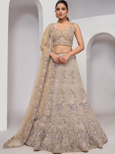 Odette Golden Soft Net Embroidered Semi Stitched Lehenga With Unstitched Blouse For Women