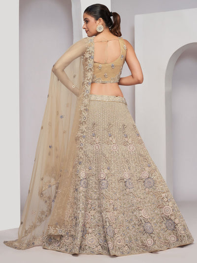 Odette Golden Soft Net Embroidered Semi Stitched Lehenga With Unstitched Blouse For Women