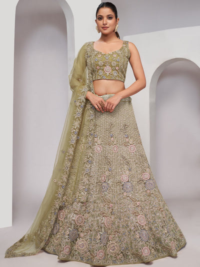 Odette Olive Green Soft Net Embroidered Semi Stitched Lehenga With Unstitched Blouse For Women