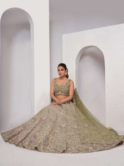 Odette Olive Green Soft Net Embroidered Semi Stitched Lehenga With Unstitched Blouse For Women