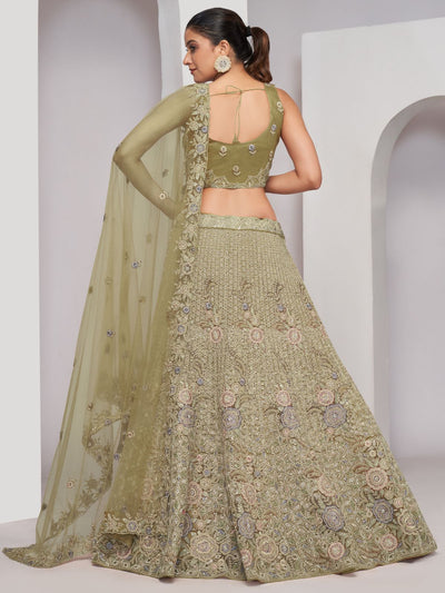 Odette Olive Green Soft Net Embroidered Semi Stitched Lehenga With Unstitched Blouse For Women