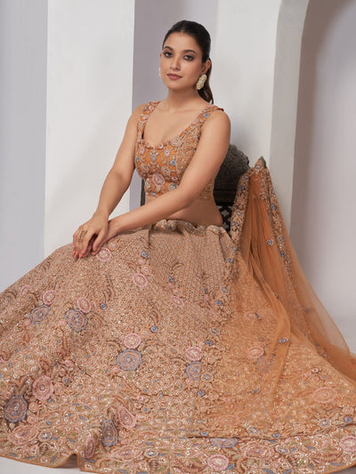 Odette Rust Soft Net Embroidered Semi Stitched Lehenga With Unstitched Blouse For Women