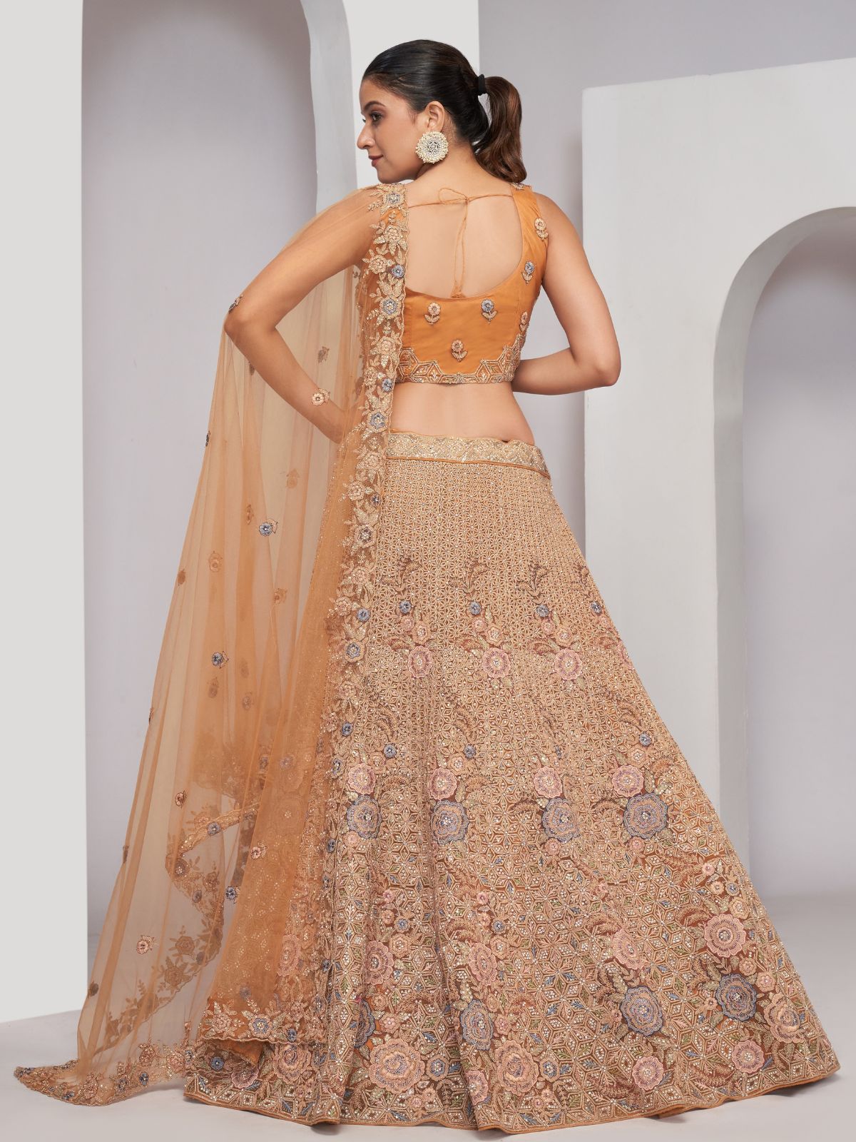 Odette Rust Soft Net Embroidered Semi Stitched Lehenga With Unstitched Blouse For Women