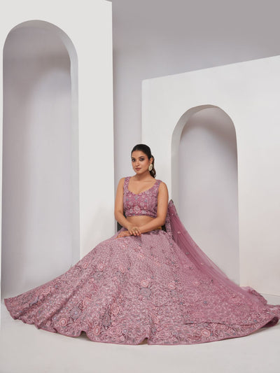 Odette Mauve Soft Net Embroidered Semi Stitched Lehenga With Unstitched Blouse For Women