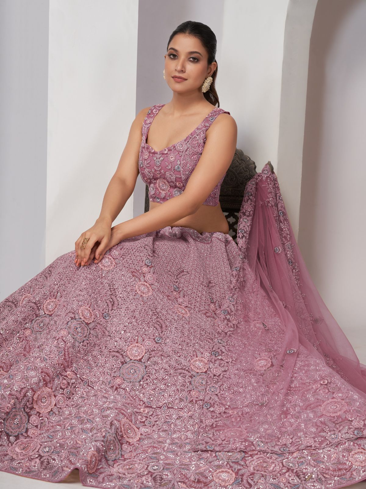 Odette Mauve Soft Net Embroidered Semi Stitched Lehenga With Unstitched Blouse For Women