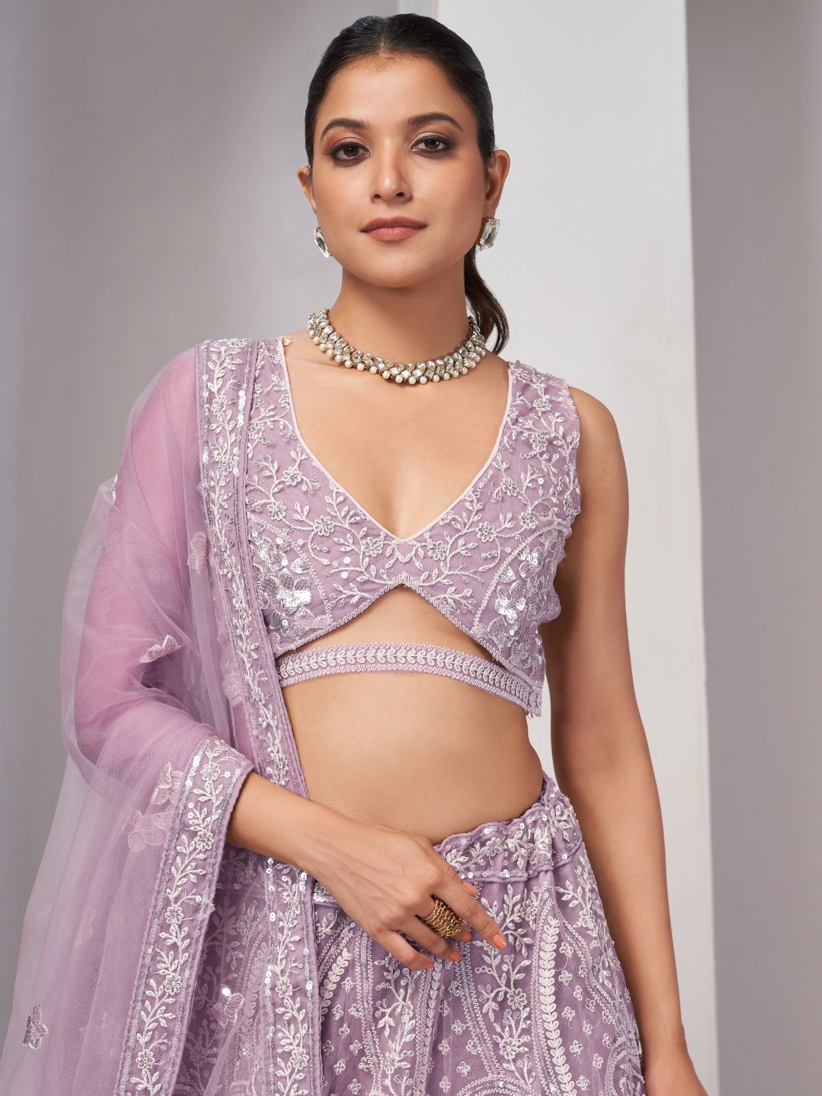 Odette Mauve Soft Net Embroidered Semi Stitched Lehenga With Unstitched Blouse For Women