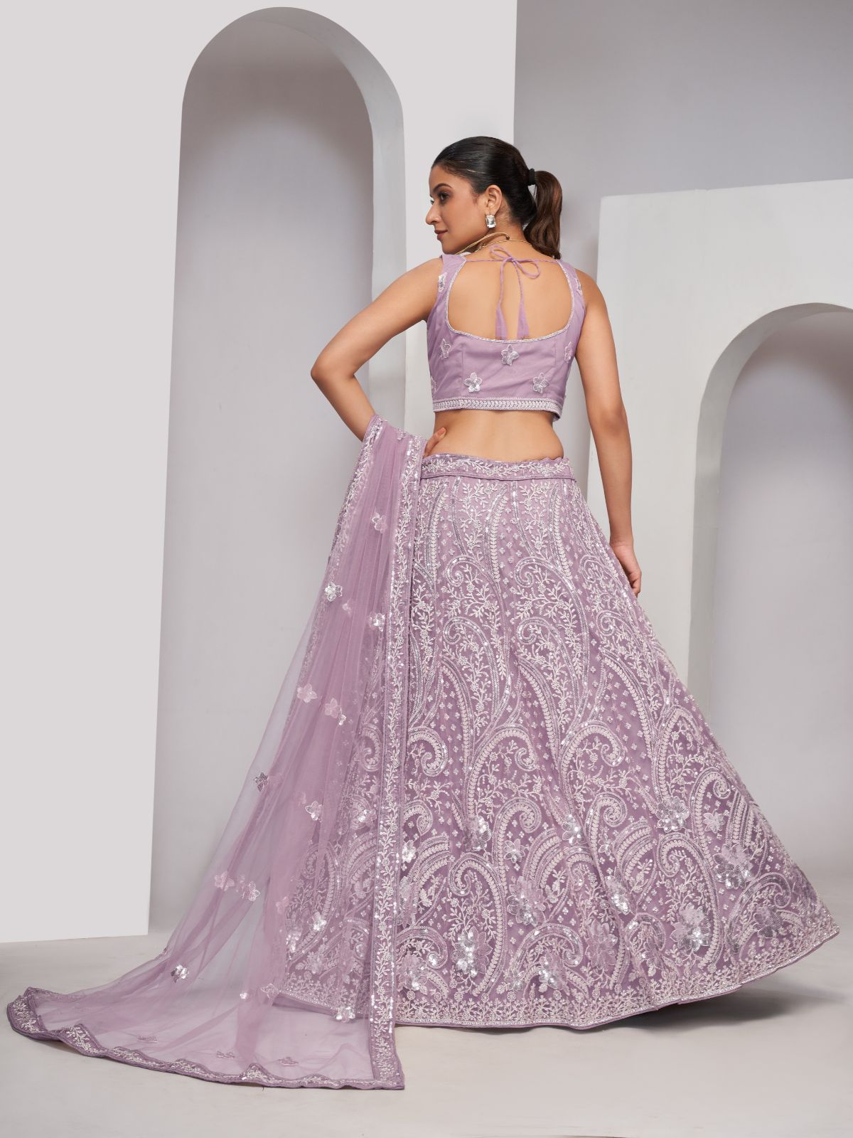 Odette Mauve Soft Net Embroidered Semi Stitched Lehenga With Unstitched Blouse For Women