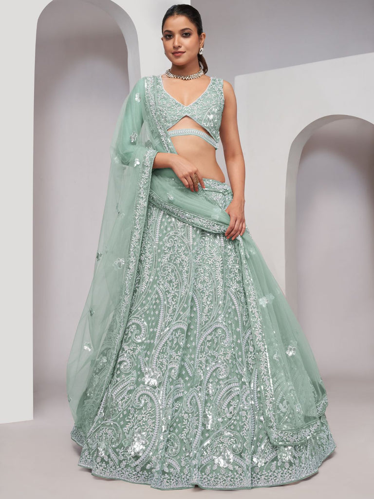 Odette Sky Blue Soft Net Embroidered Semi Stitched Lehenga With Unstitched  Blouse For Women