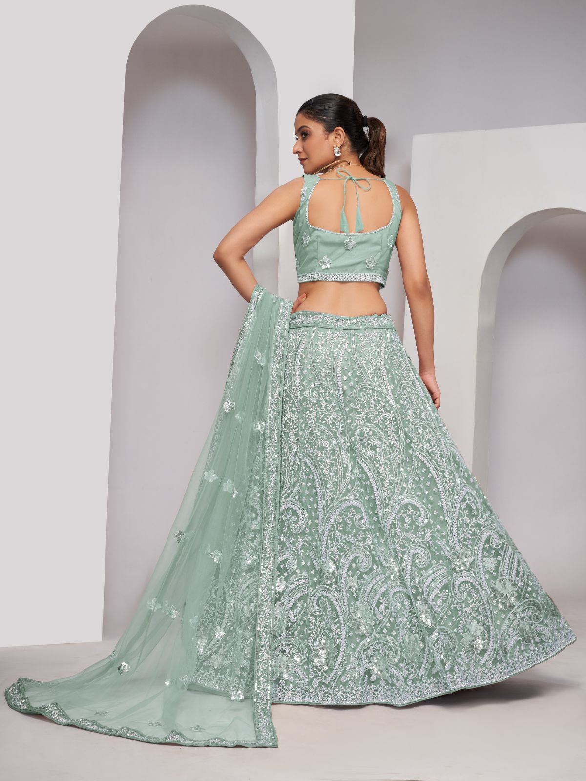 Odette Sky Blue Soft Net Embroidered Semi Stitched Lehenga With Unstitched Blouse For Women