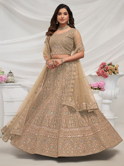 Odette Golden Soft Net Embroidered Semi Stitched Lehenga With Unstitched Blouse For Women