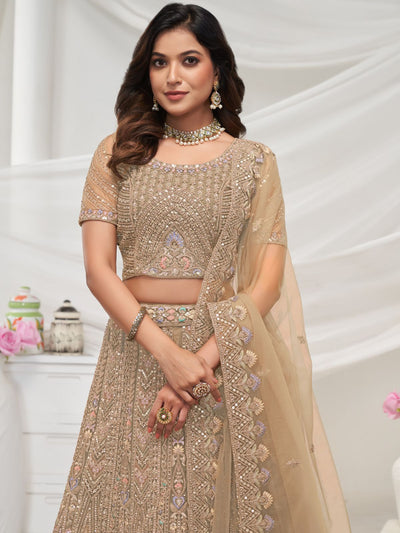 Odette Golden Soft Net Embroidered Semi Stitched Lehenga With Unstitched Blouse For Women