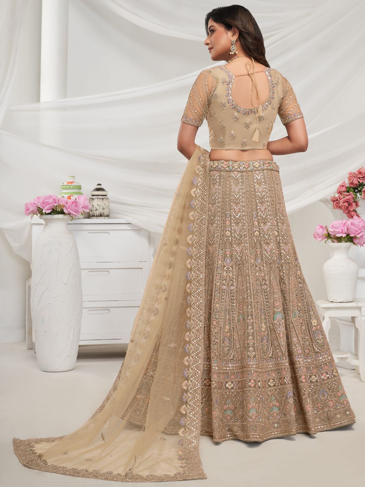 Odette Golden Soft Net Embroidered Semi Stitched Lehenga With Unstitched Blouse For Women