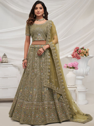 Odette Olive Green Soft Net Embroidered Semi Stitched Lehenga With Unstitched Blouse For Women