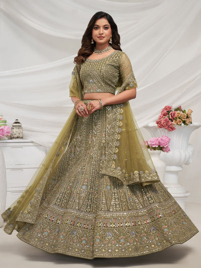 Odette Olive Green Soft Net Embroidered Semi Stitched Lehenga With Unstitched Blouse For Women